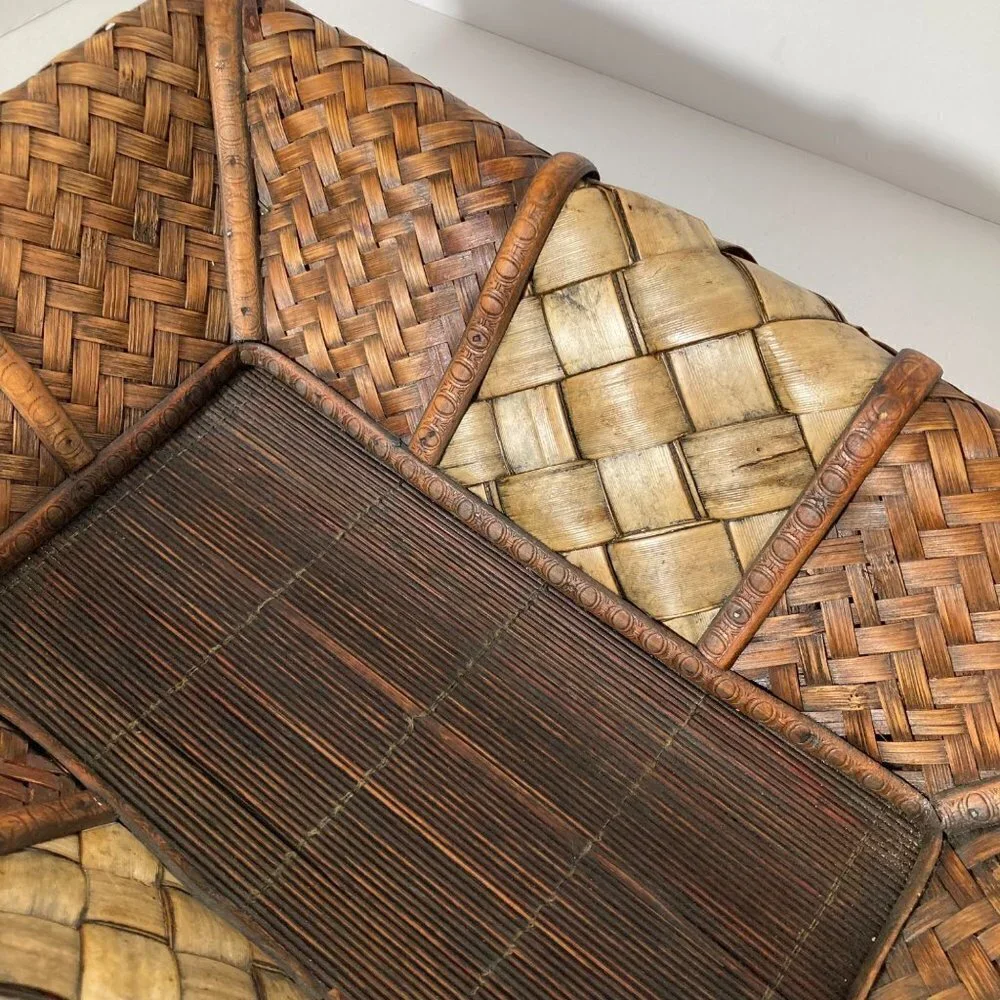 Vintage Rectangular Lattice Grass Bamboo 2 Toned‎ Stained Basket 11x 16 x 4
